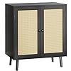 Huuger buffet cabinet with storage storage cabinet with synthetic rattan decor doors accent cabinet with solid wood feet sideboard cabinet for hallway entry living room black  urban country home decor