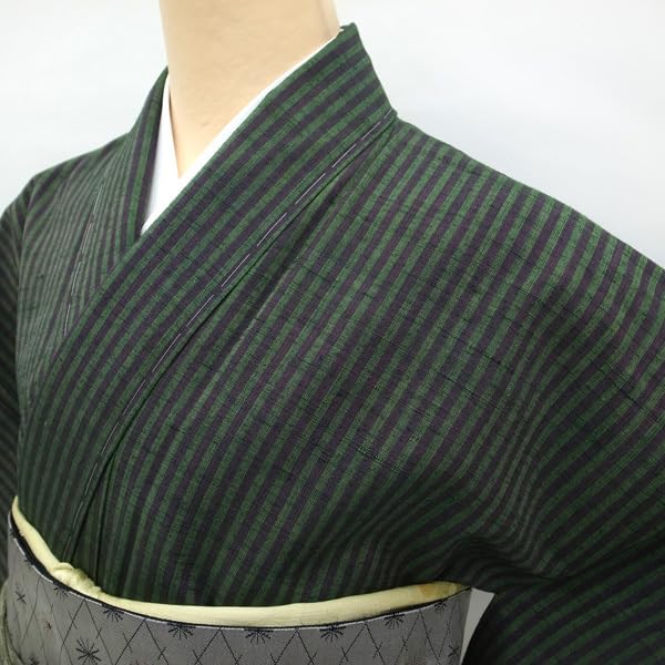 紫と緑のストライプ 紬 着物 KIMONOMACHI 洗える着物 セット「袷着物：ストライプブーケ