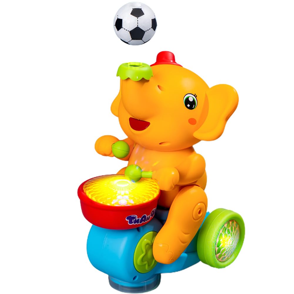 Miracland Drumming Elephant Car, Multifunctional Musical Blow Floating Ball, Tricycle with Universal Wheel, Lights and Music, 2 Foam Balls (Yellow)