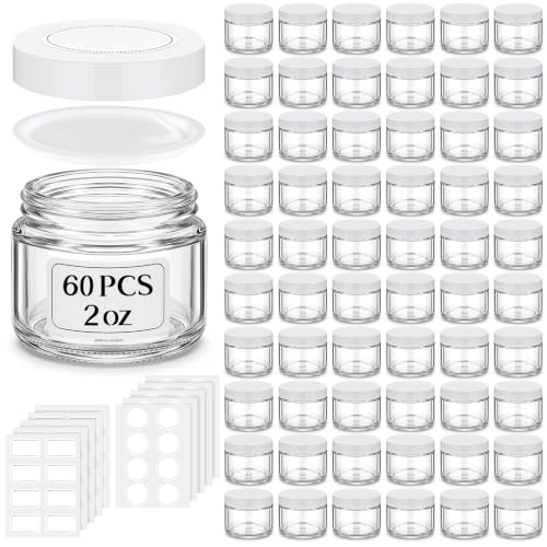 Image of Layhit 60 Pcs 2 oz Glass Jars with Lids Airtight Jars Bulk,Clear | Empty, Airtight, Leakproof, Reusable, Small Jar with Blank Labels & Liners Lids, Travel Jars for Cream, Lotions, Candle