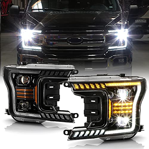 ACANII - For 2018-2020 Ford F150 Black LED Tube w/Sequential Signal LED Projector Headlights Headlights Set Left+Right