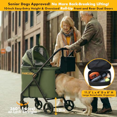 Image of PAWZIDEA Dog Stroller for Large Dogs Up to 80 lbs, No-Zip 180 Reversible Canopy, One-Hand Foldable Pet Stroller for 2 Medium Dogs, Heavy Duty & Low-Entry, All-Terrain Jogger Wheels, Storage Organizer
