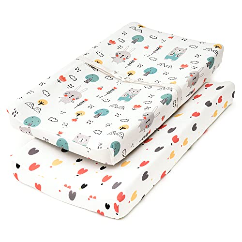 Image of TILLYOU Changing Pad Cover Set in Soft Jersey Material - Fits 32"/34''x16 Contoured Pad for Babies, Bib Bear & Colorful Love