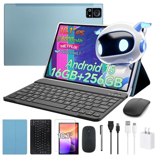 Image of Android 15 Tablet 10 Inch with Keyboard,16GB+256GB Tablets, 8000mAh Battery, Octa-core CPU, Widevine L1,2.4GHz / WiFi 5 & Bluetooth 5.0, 5 /13MP Cameras Bundle with Case, Mouse & Stylus M7 (Blue)