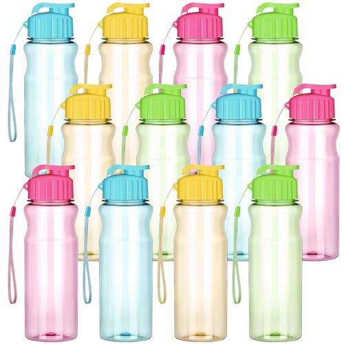 12 Pack Plastic Water Bottles, 500ml Sports Water Bottle, Reusable Leakproof Reusable Drinking Bottle Bulk with Flip Top Lids & Lanyards for Outdoor Sports Travel Classrooms(4 Color)