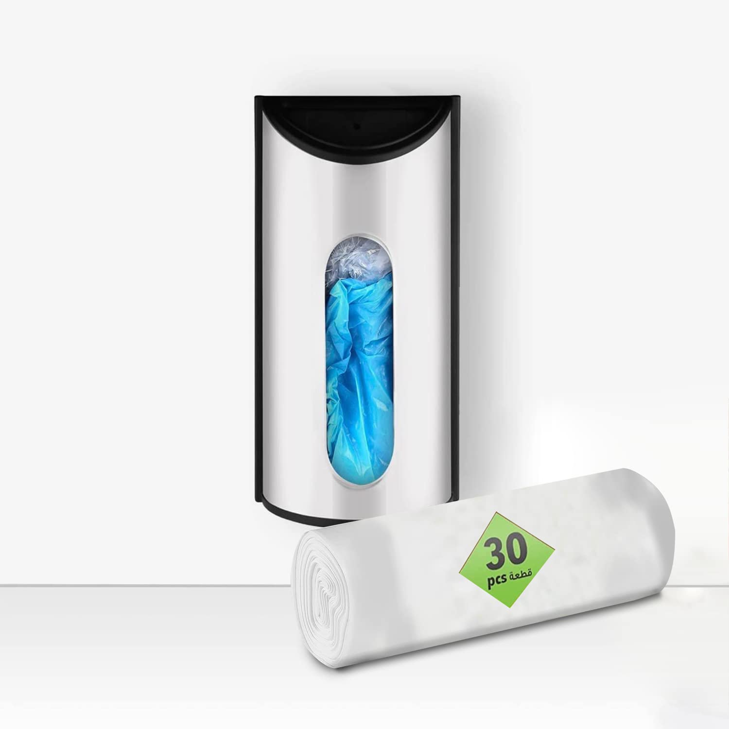 DAAS 30pcs Grocery Bags with Grocery Bag Holder - Wall Mount Grocery Bag dispenser-Stainless Steel Plastic Bag Storage- Garbage Bags-Storage For Plastic Bags For Kitchen, School,Hospital Etc.