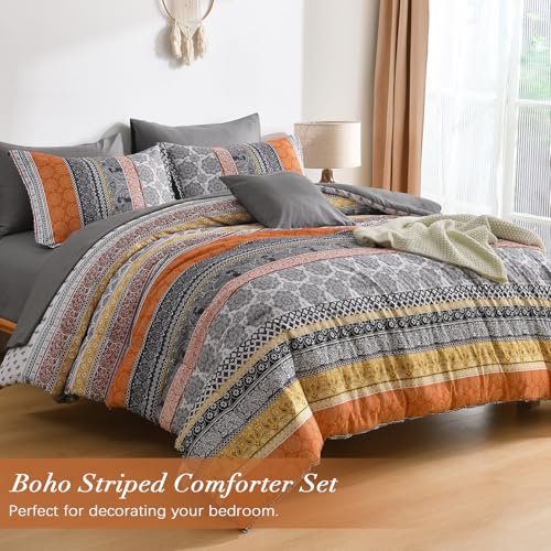 Image of Cottolester Boho Comforter Set Queen Size,8 Pieces Orange Bohemian Striped Bed in a Bag,Paisley Soft Microfiber Bedding Comforter Set