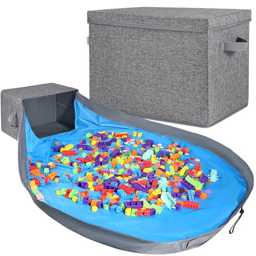 Voova Toy Storage Organizer and Play Mat- 2-in-1 Toy Storage Chest Bin for Kids,Stackable and Foldable Cube Toy Basket Box for Boys & Girls,Gey