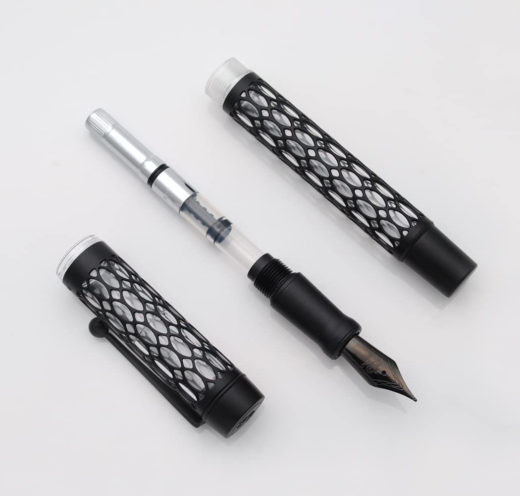 JINHAO 100 Fountain Pen Metal and Resin Grid Skeleton Writing Pen with Converter (Medium Nib, B-Matte Black) - Image 4