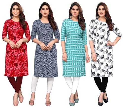 Image of JAKHANA Women's Crepe Printed Casual Straight Calf Length Round Nick Kurta Pack of 4