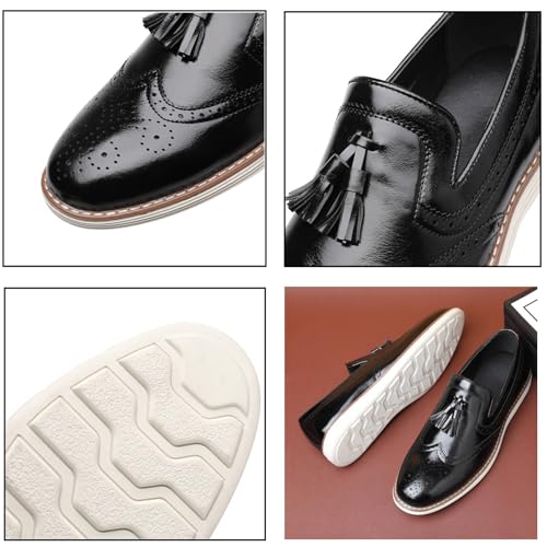 Men's Tassel Brogue Leather Dress Loafers,Fashion Hand Stitching Wingtip Slip On Breathable Comfortable Party Business Formal Shoes2