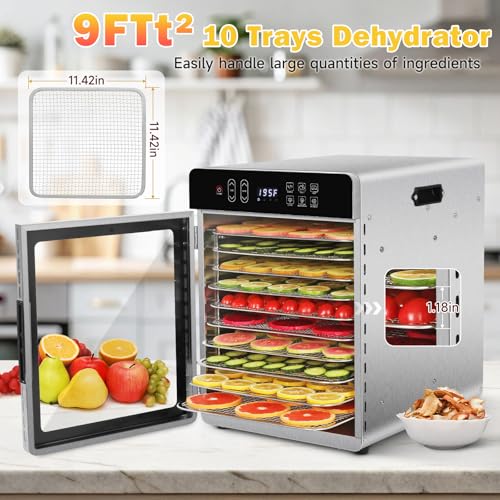 Image of SUCISENI Food Dehydrator for Jerky, 10 Stainless Steel Trays 9ft Dehydrator Machine, 1000W Dehydrator with 24H Timer 195℉ Temperature Control for Meat, Fruits, Veggies, Dog Treats