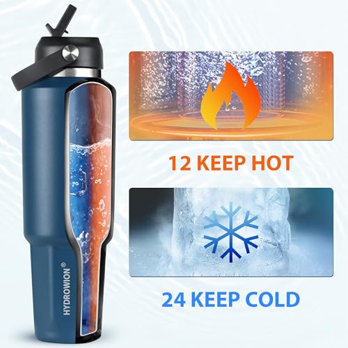 Image of HYDROWION 32 oz Insulated Water Bottle, Car Water Bottle Holder - Double Wall Vacuum Insulated Travel Bottle with Straw Lid, Spout Lid and Flex Cap - Cold for 24H, Hot for 12H, Cobalt