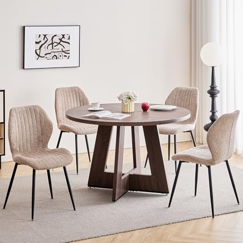 Image of 47 inch Round Dining Table Set for 4, Kitchen Table and Chairs | Wooden Cross Base, Boucle Fabric Chair, for Apartment