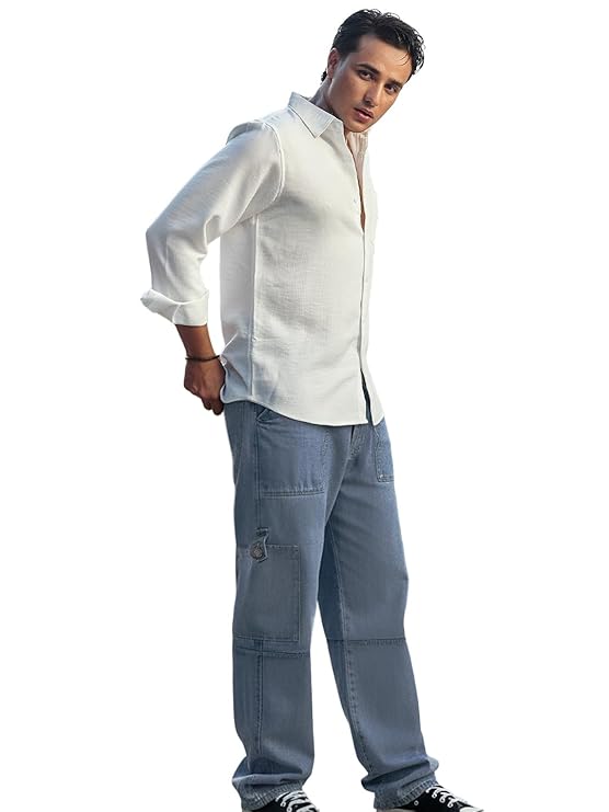 Urbano Fashion Men's Loose Mid Rise Baggy Fit Washed Cargo Jeans with 6 Pockets Non-Stretchable