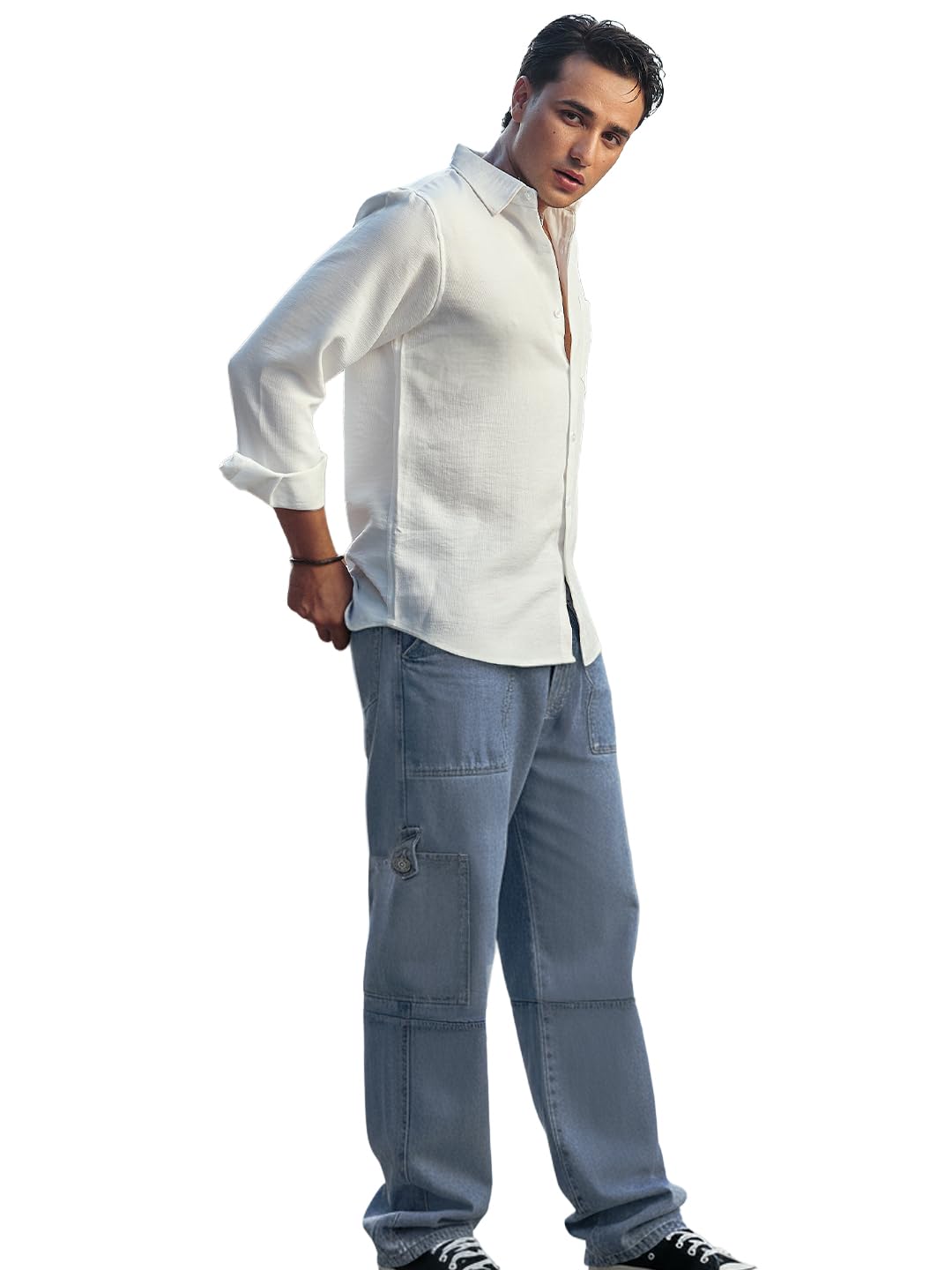 Urbano Fashion Men's Loose Mid Rise Baggy Fit Washed Cargo Jeans with 6 Pockets Non-Stretchable