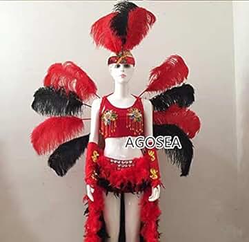 カーニバル衣装 レッド フェザー 純正ダチョウ羽 サンバ衣装 羽 コスプレ ダンスショー シンガー カーニバル