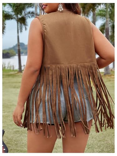 OYOANGLE Women's Plus Size Suede Fringe Vest Sleeveless Rivets Boho Tassel Hippie Jacket Outerwear2