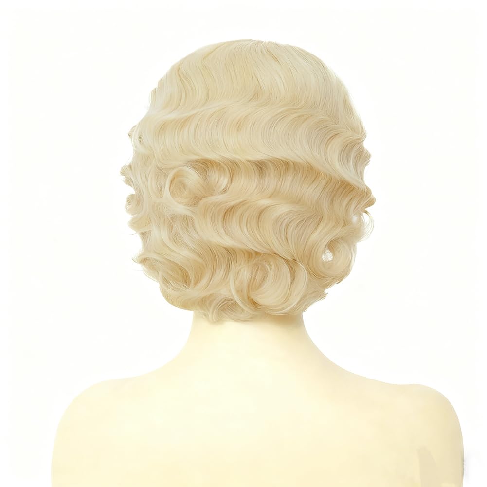 Blonde Short Curly Finger Wave Wig for Women 1920s 30s Synthetic Side Part Cosplay Wig for Vintage Costume Hair Halloween Wigs - Image 5