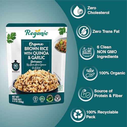 Image of Reganic Organic Brown Rice with Quinoa & Garlic Pouch, USDA Organic, Nutty & Wholesome Blend, 100% Recyclable Pouch, 10g Protein, 6g Fiber, Ready in 1 Minute, Gluten-Free Vegan Non-GMO, Microwave Pouch, Healthy Quick Side Dish 8.8 oz Pack of 6