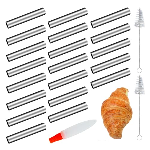 20 Pièces Tube Inox pour Corne Patisserie, Cylindrique Moules à Pâtisserie Avec Brosse de Nettoyage, Facile à Nettoyer Moule Patisserie pour les Croissants...
