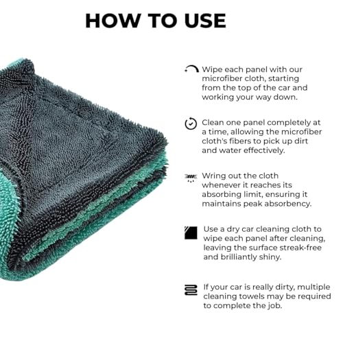 Image of AM Safe-X Microfiber Cleaning Cloth 1200 GSM - 40x40 cm Twisted Loop Microfiber Cloth, Super Absorbent Towel Lint-Free Design for Car Drying, Washing, Polishing & Detailing -Aqua /Grey (1 Pc)