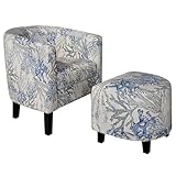 BELLEZE Accent Chair with Ottoman, Curved Back Living Room Chair, Stylish Barrel Club Chair and Footrest Set, Upholstered Round Tub Reading Chair for Bedroom - Lydia (Blue Coral)