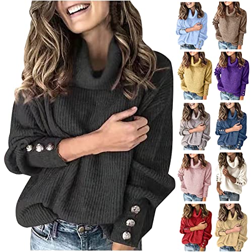 Fall Sweaters for Women 2022 Oversized Turtleneck Chunky Knit Pullover Sweater Solid Balloon Long Sleeve Baggy Tops