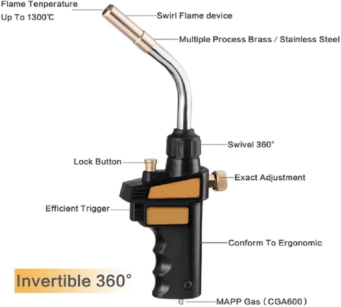 All Splendid Self-Lighting Adjustable Swirl Flame Heavy-Duty Trigger-Start MAPP Propane Blow Torch (Brass, OD 9.6MM)