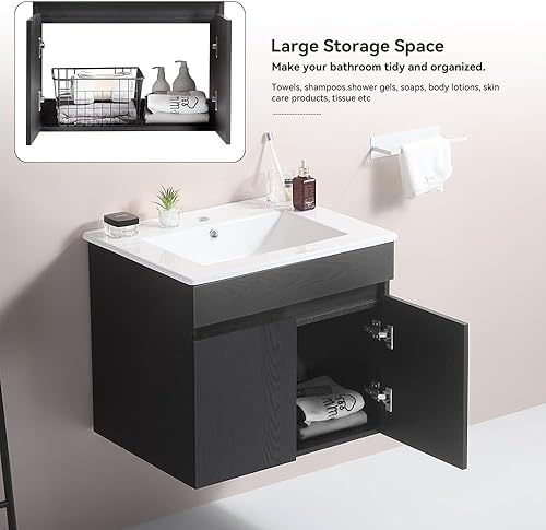 Miniatura 4 de Vanidad de baño de 24 pulgadas, tocador de baño montado en la pared con lavabo de cerámica blanca, dos puertas de gabinete de cierre suave, madera