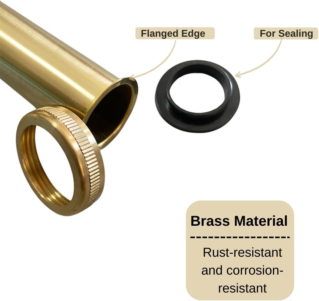 Flanged Sink Tailpiece 1-1/4 in. OD, 12 inch Brass Extension Tube for Trap with Nut and Rubber, Drain Connections Brushed Gold