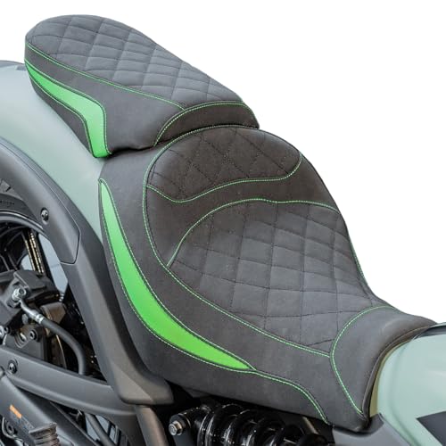 Motorrad Vordersitz Fahrer Hinten Beifahrersitz Fit für Vulcan S EN650 VN650 2015-2025 2021 2022 2023 2024 Kissen Pad Set Druckentlastung Weiche Sozius-Sättel, Grün