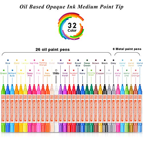 Paint Pens for Rocks, 32 Vibrant Colors Paint Markers Kit for Glass, Stone, Wood, Fabric, Metal, Ceramic, Rock & More, Medium Point, Oil Based Paint Marker, Quick-Dry, Great Back to School Gift Idea - Thumbnail 3