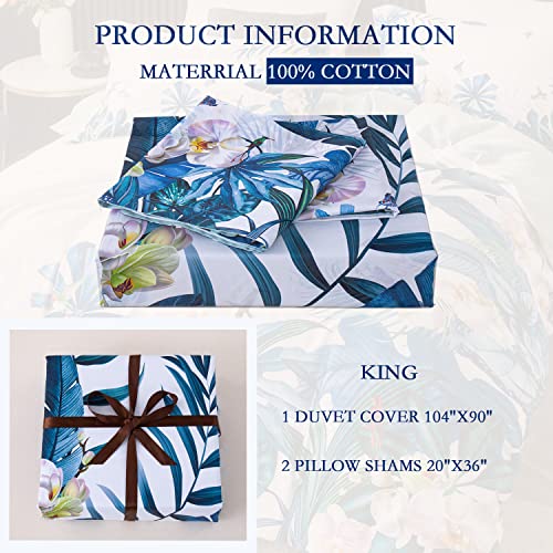 Ygnniu 1Oo% Cotton Duvet Cover King Size Tropical Leaves Rainforest Plant Flower And Bird Print Bedding Set Hidden Zipper (1 Duvet Cover+ 2 Pillow Shams #TOP4