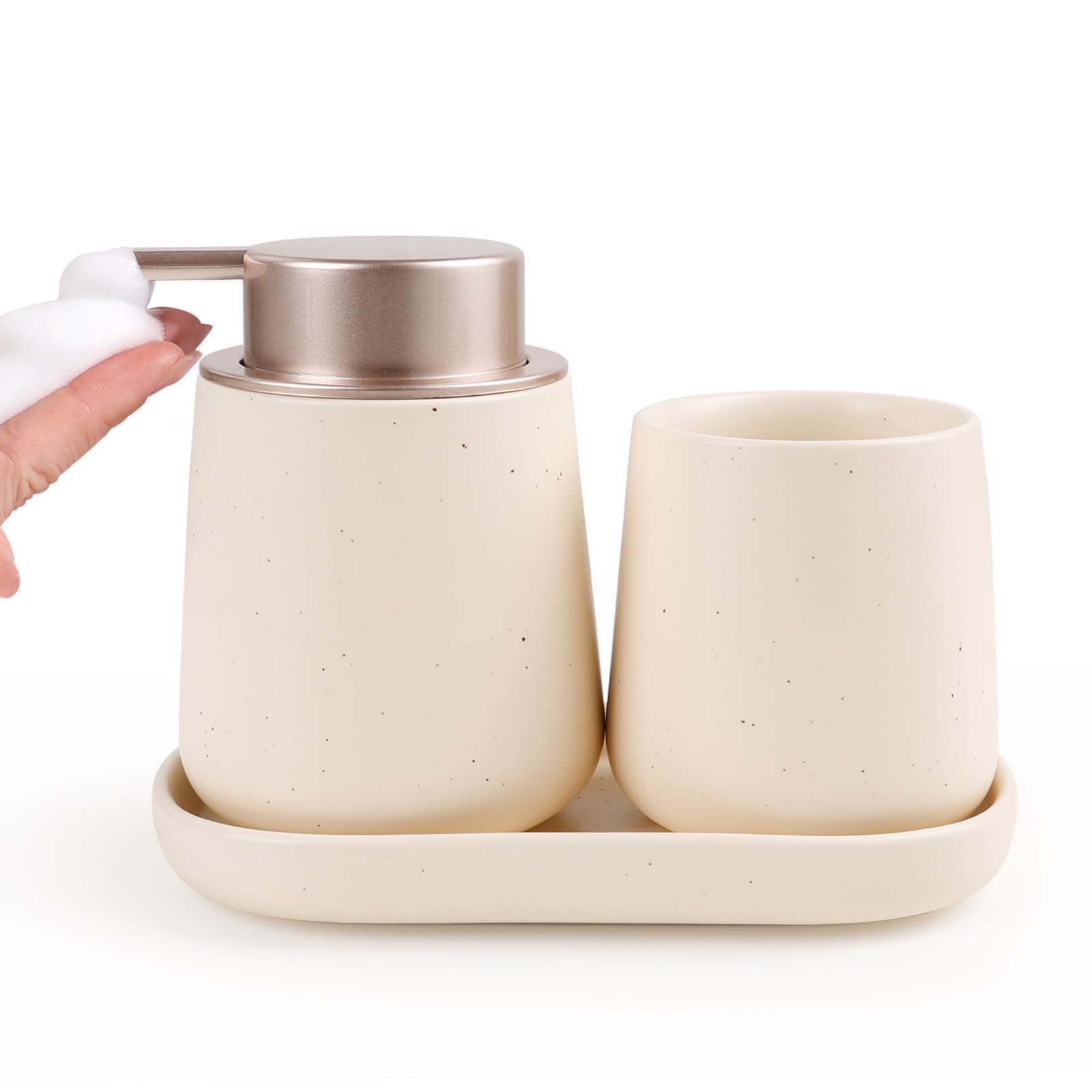 BosilunLife Juego de accesorios de baño de 3 piezas, dispensador de jabón de baño de espuma de cerámica, decoración de baño negra, dispensador de jabón de espuma y soporte para cepillo de dientes/vaso