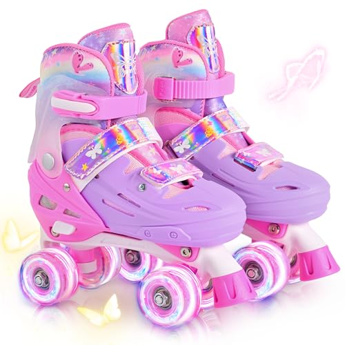 2PM SPORTS Roller Skates Girls Ages 5-8 8-12 3-5 4-7 6-12 10-12 with Light Up Wheels, Outdoor Indoor Girls Rollerskates for Kids Beginner Size 10C 11C 12C 13C 1 2 3 4 5 6 Pink Butterfly