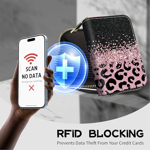 Image of Cute Credit Card Holder with Zipper, Pink Glitter Leopard RFID-Blocking Card Case Small Wallet for Women Men, Multi-slot Card Organizer Case Travel Accordion Wallet