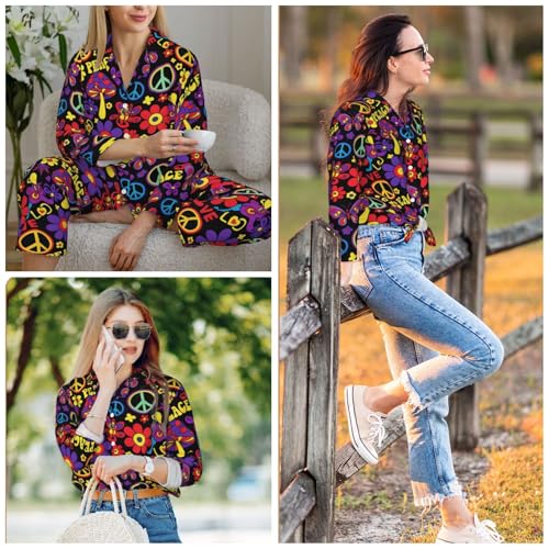 Image of Women'S Long Sleeve Pajama Set Soft Loungewear Button-Down Top & Elastic Waist Pants S- 2XL