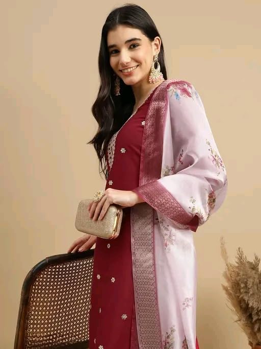 Image of Women's Embroidered Straight Kurta Set with Pant and Floral Silk Dupatta