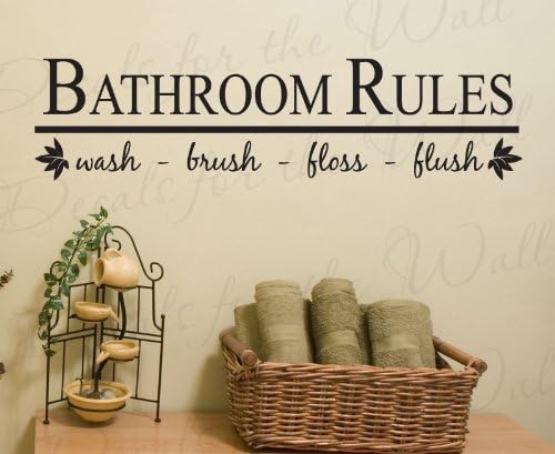 Bathroom Rules Wash Brush Floss Flush - Kids Baby - Adhesive Vinyl Quote Art Mural, Saying Decoration, Wall Lettering Decal, Sticker Decor
