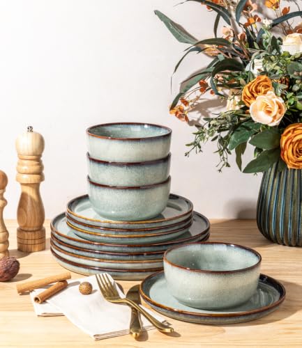 Image of GBHOME Dinnerware Sets for 4, 12 Pieces Ceramic Plates and Bowls Set
