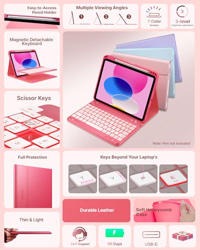 Image of typecase Folio Keyboard Case for iPad 10th Gen 10.9 inch (2022) and iPad 11th (A16, 2025), Magnetic Wireless Detachable Keyboard, 7-Color Backlight, Thin & Light, Pencil Holder - Pink