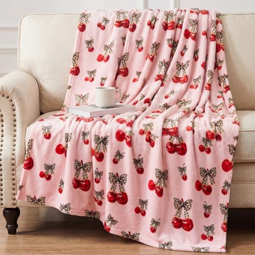Tegeme Cheetah Bow and Cherry Throw Blanket 51 x 60 Pink Bow Cherry Blanket Y2k Soft Flannel Throw for Bedroom Decor Bed Sofa Couch Women Friends Gifts