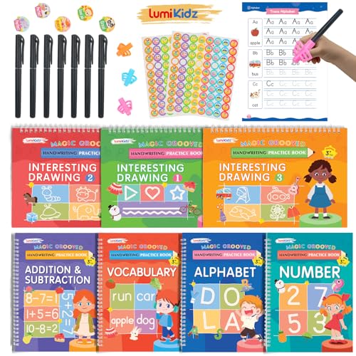 Magic Grooved Writing Practice for Ages 3-8, Grooved Handwriting Practice for Kids, Reusable Handwriting Book, Preschool Learning Activitys for...