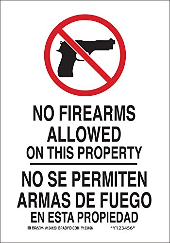 Panneau d'interdiction bilingue Brady 124127 No Firearms Allowed blanc rouge