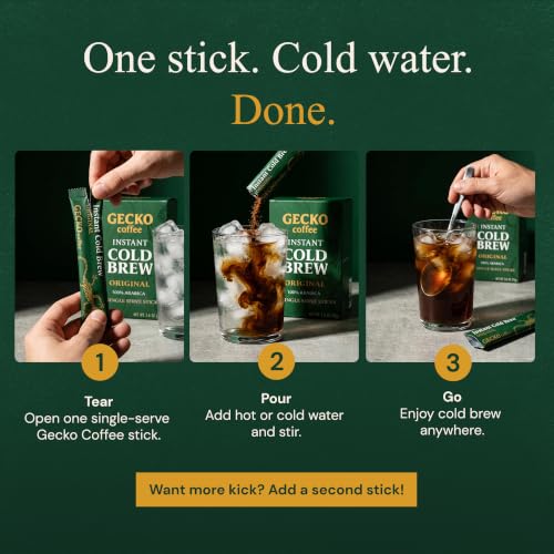 Image of Gecko Coffee Instant Cold Brew, 100% Arabica Medium-Dark Roast, Craft Coffee Single Packets, Sugar-Free, Smooth & Rich Iced, Hot or Cold, Eco-Friendly, Espresso Cold Brew, Coffee Sticks (25 Count)