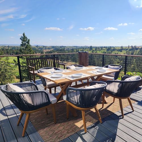 Image of PURPLE LEAF 7 Pieces Patio Dining Set Wicker Outdoor Furniture Rectangular Table and Chairs Set for Garden Deck Teak-Finish Aluminum Frame Backyard Kitchen Set, Cushions and Pillows Included