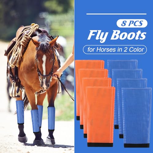 Image of Set of 8 Mesh Fly Boots for Horse Breathable Mesh Horse Boots Protective Loose Wraps Adjustable for Preventing Legs Reduces Flies and Mosquitoes Bites(Blue, Orange,S)