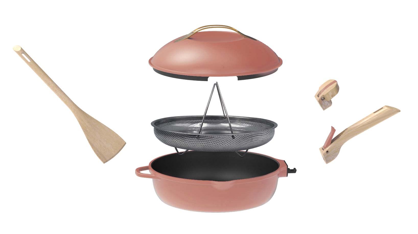COOKUT - La Fabuleuse poêle 8 en 1 – Un seul ustensile qui remplace poêle, casserole, sauteuse, cocotte - Avec 2 poignées amovibles, panier vapeur/friture, spatule en bois - PIVOINE