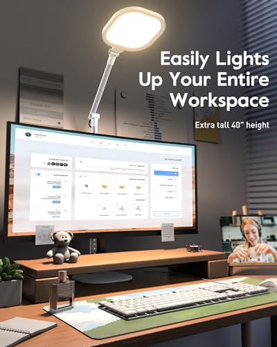 Image of Led Desk Lamps for Home Office with Base, Tall Desk Lamp with 50 Light Modes & Memory and Timer Func Computer Light, Flexible Adjustable Table Lamps for Video Conference, Architect (White 1 Pack)